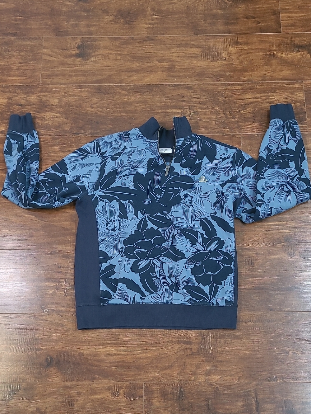 Original Penguin Navy and Light Blue Floral Zip-Up Sweater Size M